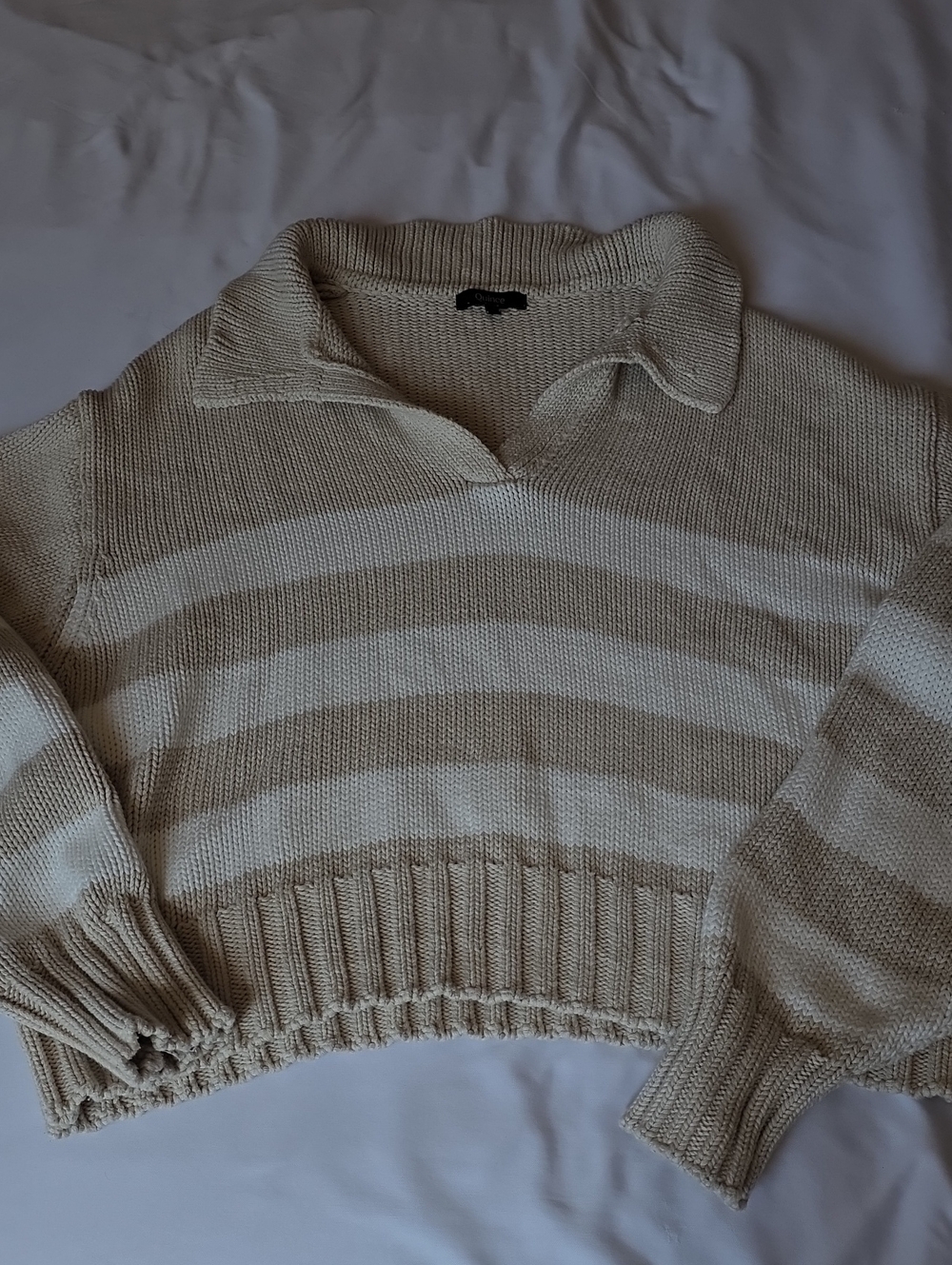Quince Striped V‑Neck Collared Sweater in Cream and Tan